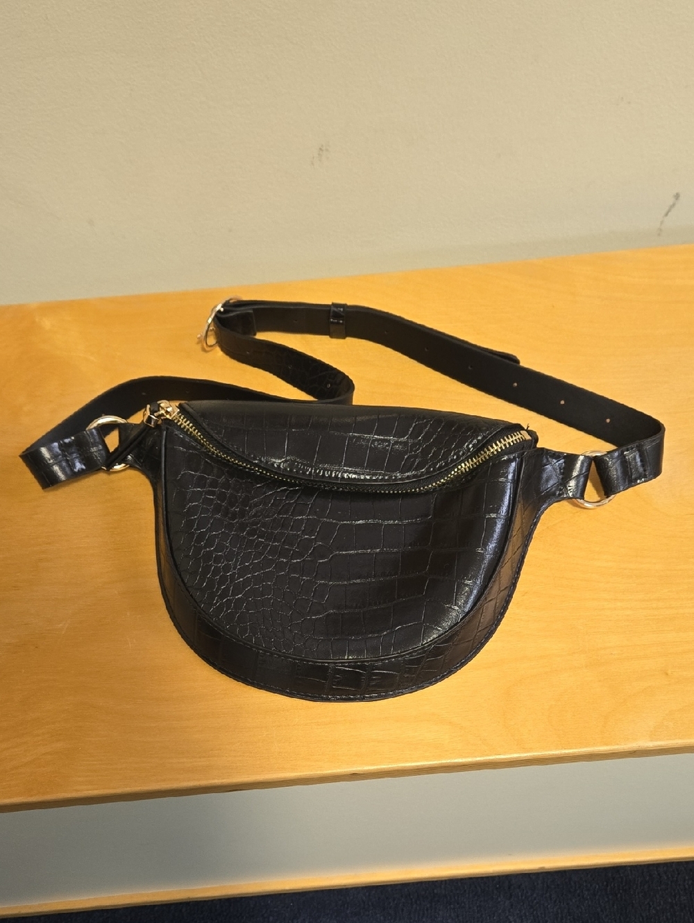 H&M Black Croc-Textured Waist Bag with Gold Hardware